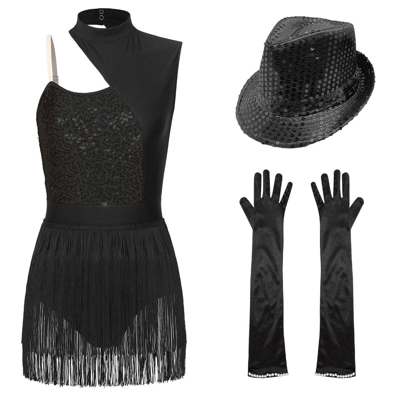 

Womens Latin Jazz Dance Outfit Cutout Sleeveless Leotard Shiny Sequins Contrast Color Patchwork Fringed Bodysuit Gloves Hat M