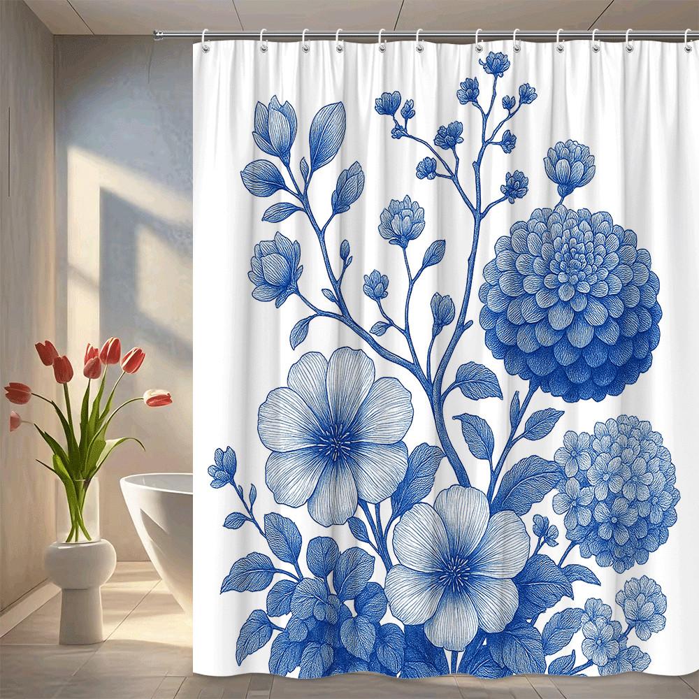 

Blue Floral Botanical Shower Curtain Machine Washable All Season Waterproof Privacy Protection 2D Print Vintage Design Elegant W60H190(CM)-1 Pcs