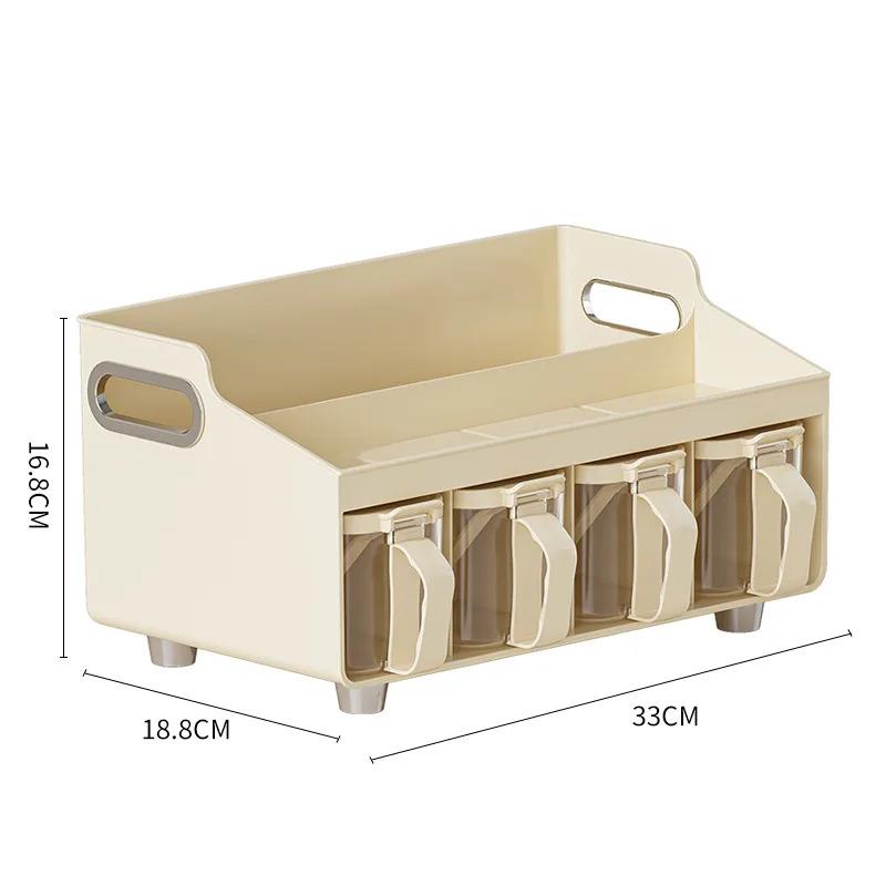 Multi functional spice storage drawer, 4-compartment seasoning storage box with spoon and lid, top table and handle