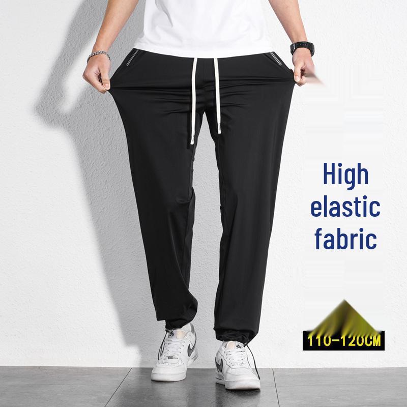 Extra dlouhé 120cm letní kalhoty z ledového hedvábí pro vysoké muže - Tenké s rovnými nohavicemi a 110cm plochou nohavicí se stahovací šňůrkou