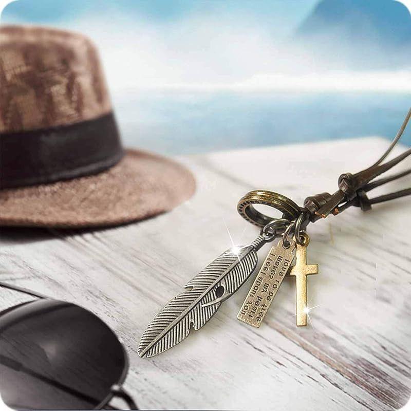 Used [Richapex] Leather Necklace Feather Antique Vintage Silver Cross Cross Genuine Leather Strap Accessory Plate Engraved Men's Women's Wing Wing
