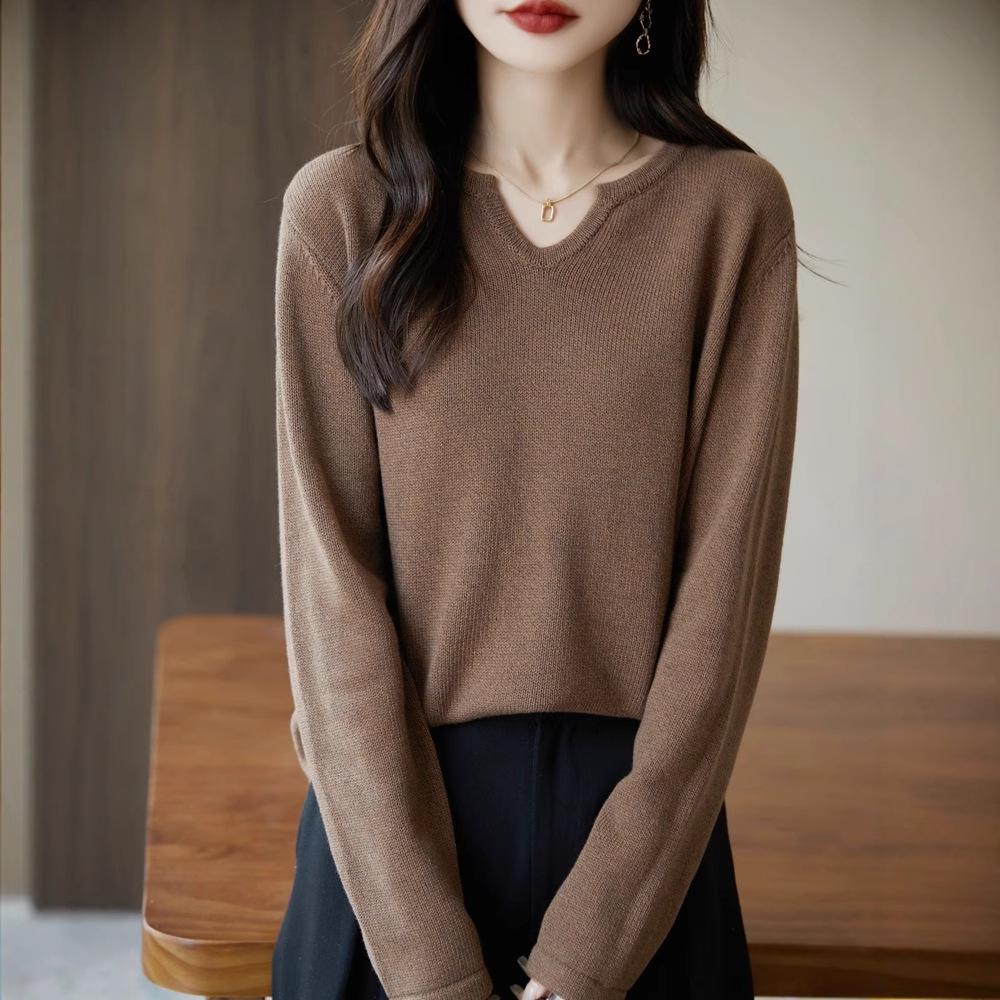 Höst/Vinter 2025 V-ringad Lösstickad Tröja i Ren Bomull för Kvinnor