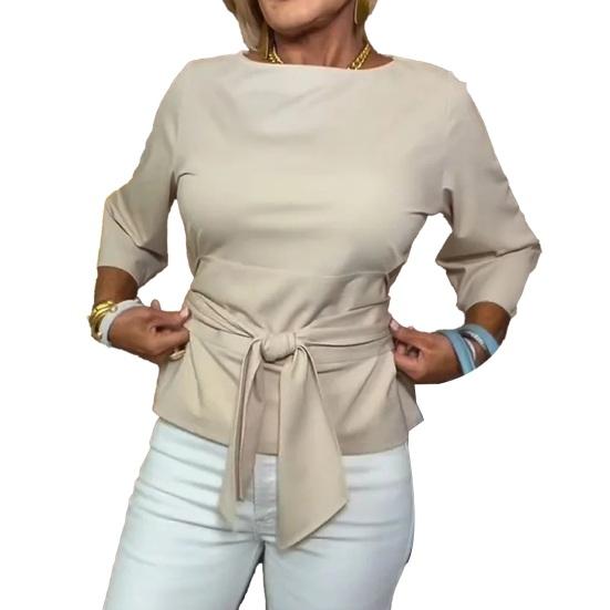 

Women Tops Slim Fit Waist Three-Quarter Sleeve Summer Tops Pure Color Round Neck Front Lace-Up Knot Design Shirt Tops XXXL бежевый