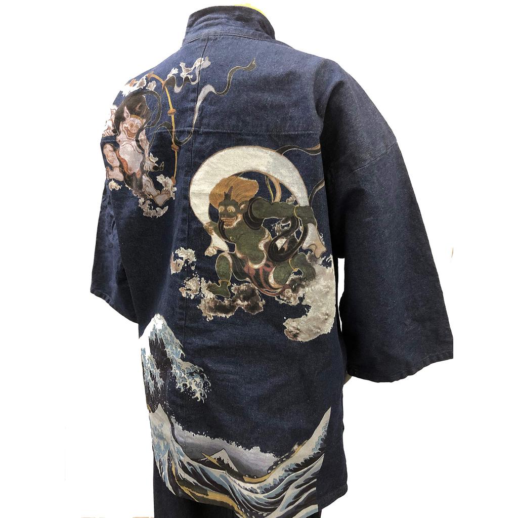 Samue denim fabric Sturdy yet soft Samue patterned all year round Wind God and Thunder God Wave Navy L [Edoten] (100% cotton) Men's