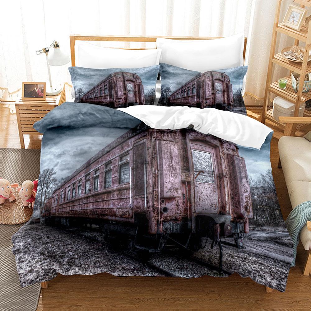 Steam Engine Duvet Cover Set Transportation Old Train King Queen Full Size Polyester Bedding Set for Teen Boys Adult Living Room