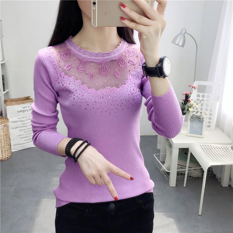 Pofulove Sexy Lace Openwork Bottom Shirt Long Sleeve Slim Round Neck Sweater Lady Sweater Pullover