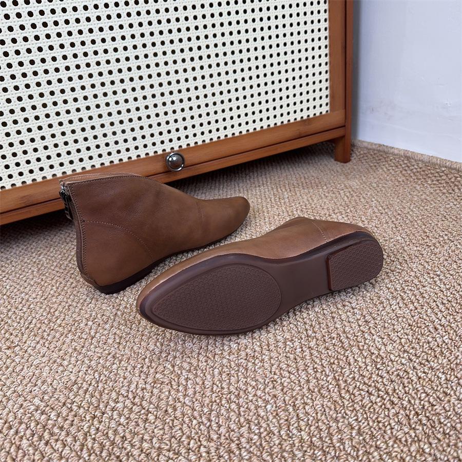 Johnature Retro Pointed Toe Cowhide Short Boots Versatile Genuine Leather Soft Soled Women's Shoes