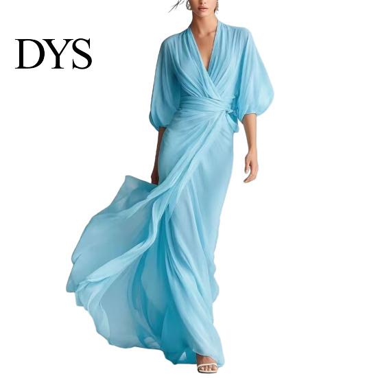 Daily Wear Dress Women V- Neck Long for Summer Autumn, Solid Color Tie Casual Waist A-Line Dress, Half Sleeves Swing Maxi