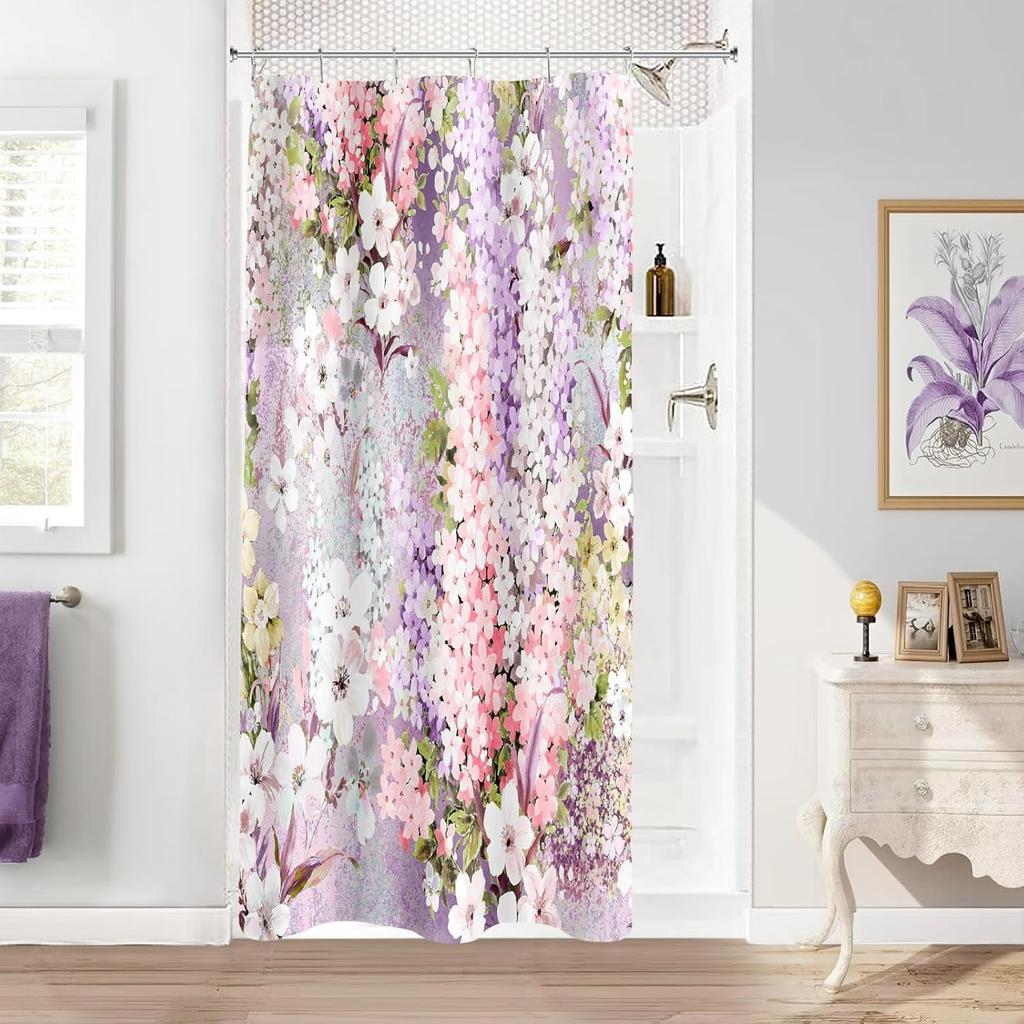 Purple Floral Shower Curtain,Colorful Flower Fabric Shower Curtain for Bathroom, Pretty Funky Watercolor Cloth Shower Curtain