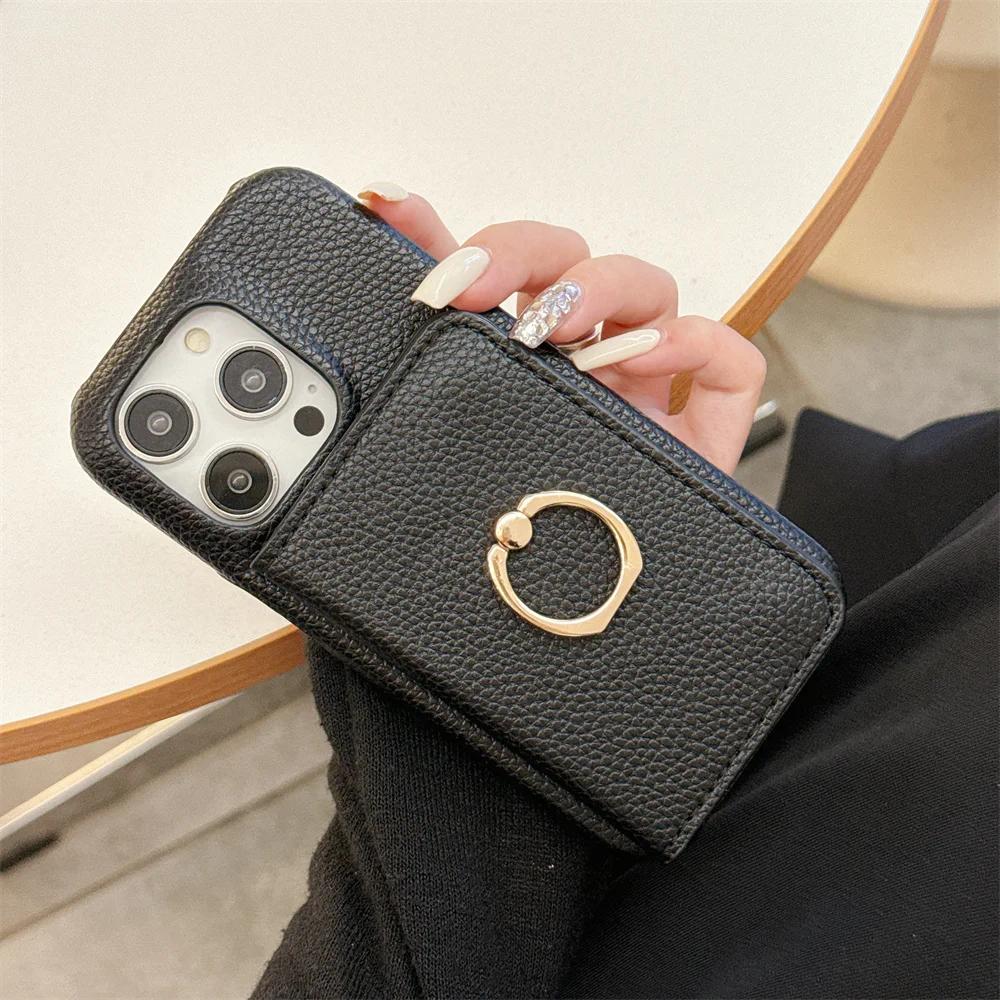 Ring with Card Holder Phone Case for IPhone 15 14 11 Pro Max 13 12 Mini XR XS X Max 8 7 Plus PU Leather Shockproof Shell Cover