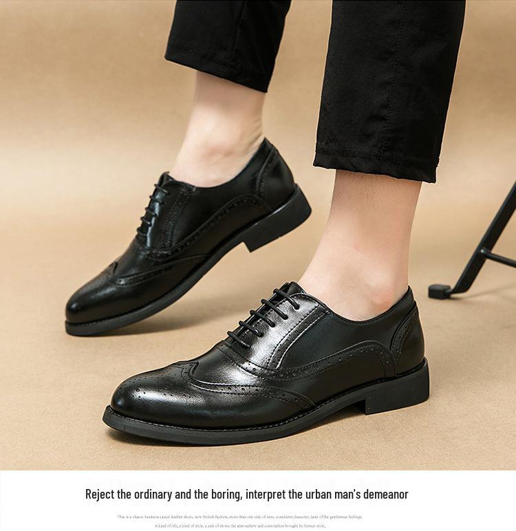 British Men's Carved Leather Brogues with Pointed Toe - Plus Size Formal & Casual Color Block Shoes