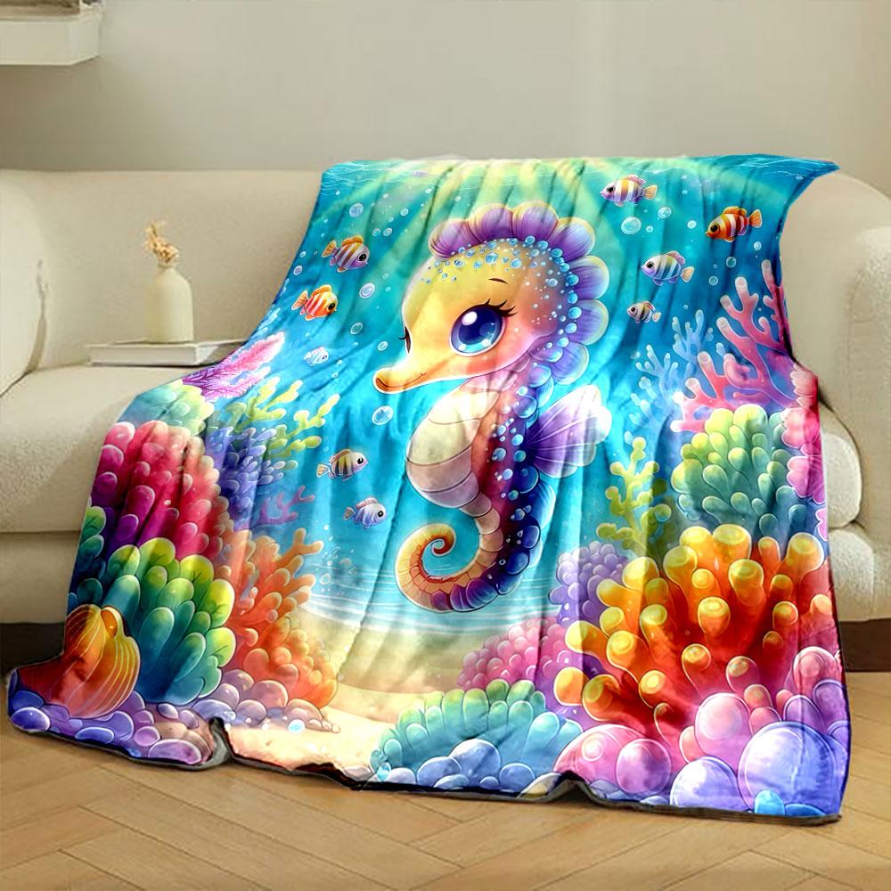 Cute Seahorse and Colorful Coral Reef Scene Print Blanket Soft and Cozy Perfect for the Living Room Bed Sofa or a Nap,gift