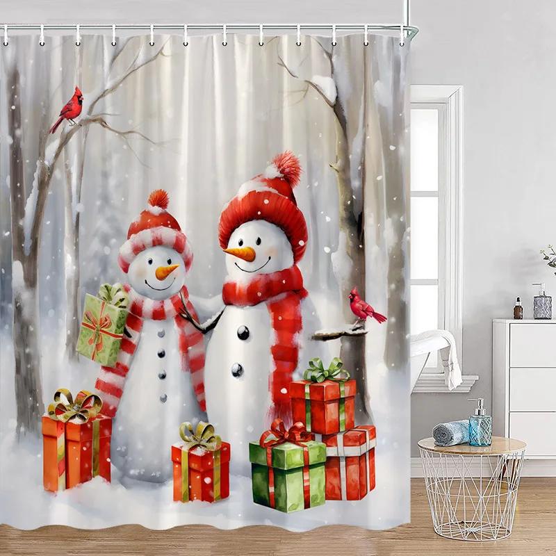 Blue Snowman Shower Curtain Fir Branch Xmas Ball Gift Snowflake Winter Christmas Bath Curtain Set Home Bathroom Decor with Hoo