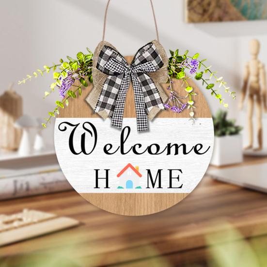 Welcome Wreath, Wood with Hemp Rope Hanger, Fabric Bow Decor Rustic Round Sign, for Doors Walls Entryway