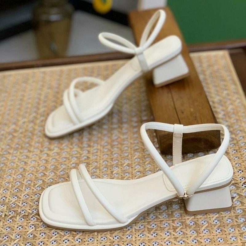 French Thick Heel Strap Sandals Women's Summer New Fashionable Versatile Gentle One-word Strap with Skirt Sandals