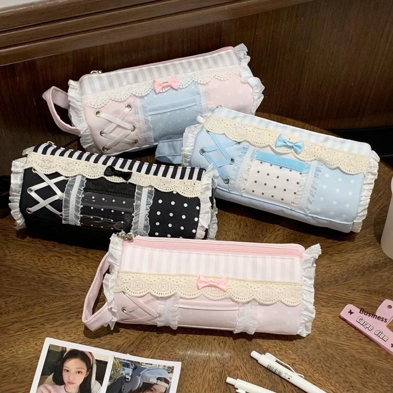 Cute Lace Pencil Case Water Resistant Large Capacity Pen Pouch for Students School Office Desktop Stationery Storage