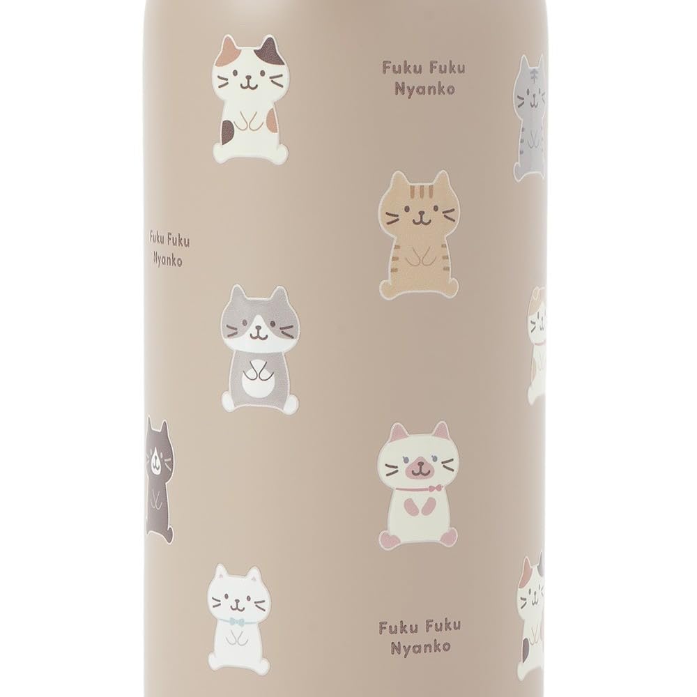 350ml Stainless Steel Bottle, Insulated, Direct Drinking, One-Touch Operation, Cute Cat Design, Fukufuku Nyanko, Happins