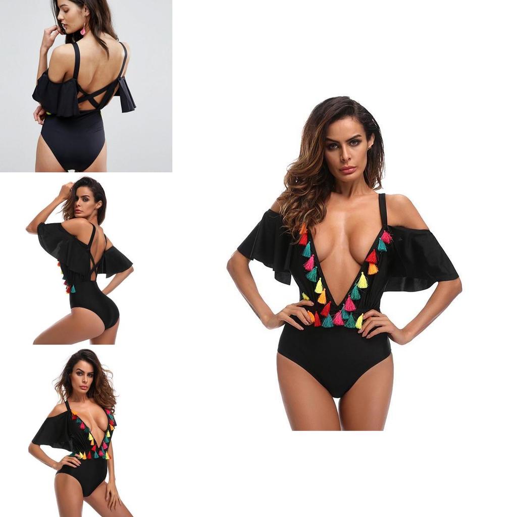 Enchanting Black Sexy Deep V One Piece Swimsuit Bikini Retro Bodysuit For Women