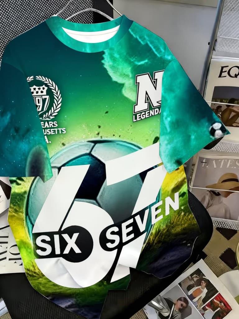 67 Digital Football Print Children's T-Shirt Boys Girls Fashion Casual Comfortable Round Neck Short-Sleeved T-Shirt Sporty Top