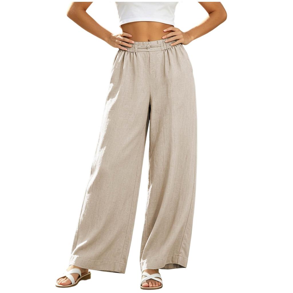 Women Casual Loose Fit High Waist Linen Blend Wide Leg Pants with Pockets Elastic Waistband for Everyday Wear