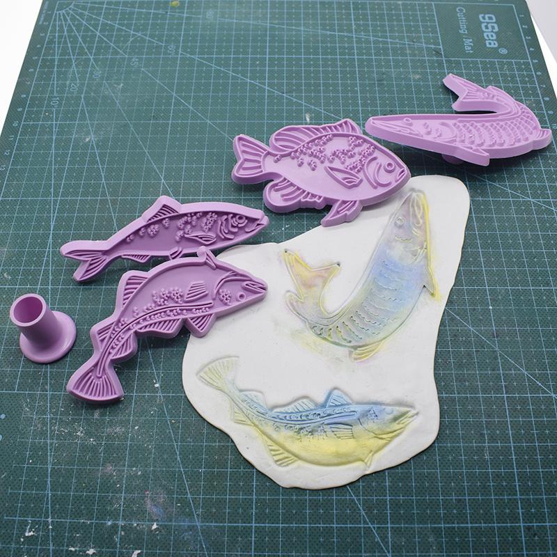 4pcsSet of Fish-Shaped Polymer Clay Texture Embossing Stamps - Vibrant Purple and Blue Designs for Pottery, Ceramics, and Craft Projects, Art Supplies
