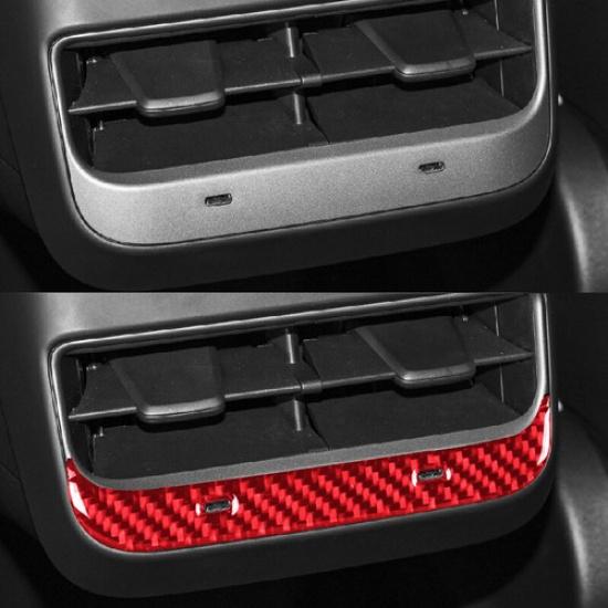 Red Carbon Fiber Car Central Armrest Box Rear AC Vent Cover For Model 3 Y 17-22
