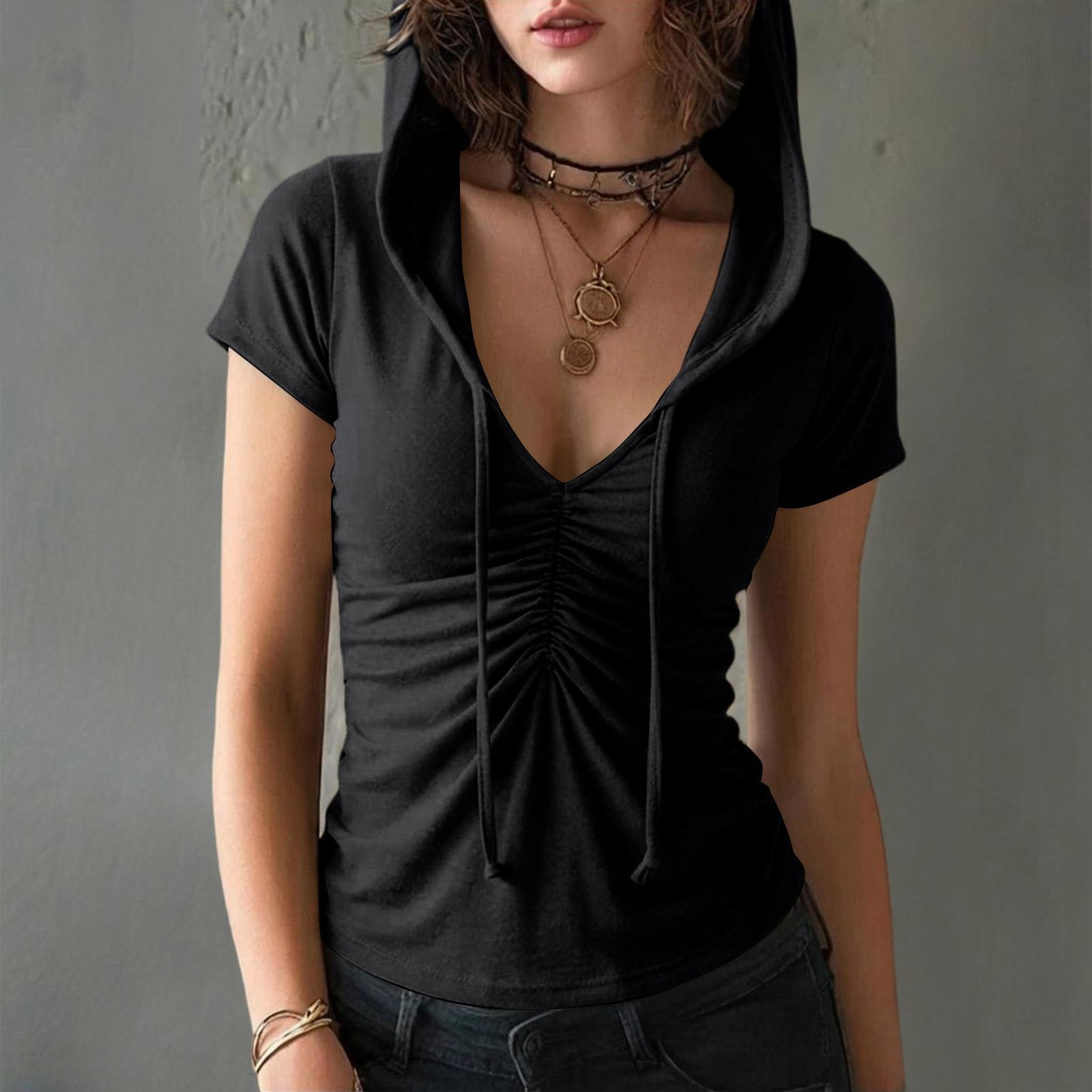 Women Slim Fit V Neck Hoodie Top Short Sleeve Casual Stretchy Ruched Front T Shirt Lightweight Soft Fabric L чёрный