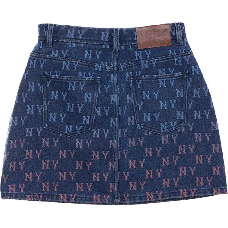 New MLB New York Yankees Denim Gradation Jacquard Monogram New York Yankees Denim Denim Short Skirts Women's Blue 3FDSM0144-50INS