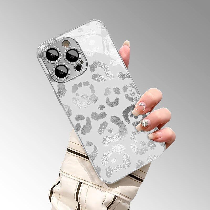 Grey Leopard Print Electroplate Silver Phone Case For Samsung Galaxy S26 S25 S24 S23 Ultra Plus FE Tempered Glass Cover