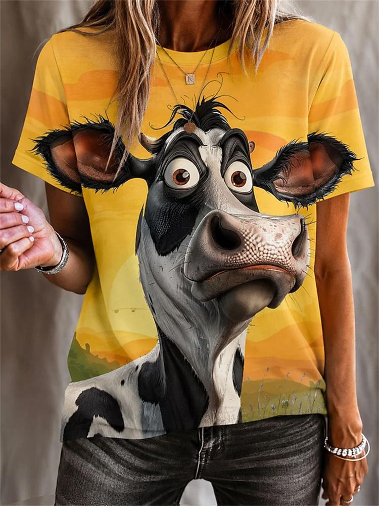 2026 New Women's Fashionable Short-Sleeve T-Shirt Fun Cow Print T-Shirt Trendy Street-Style Women's Short-Sleeve Top