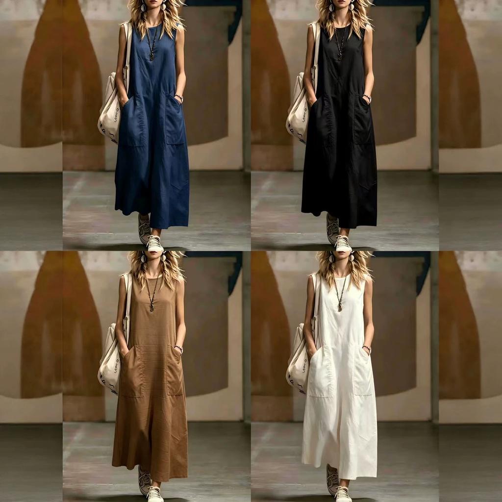 Women Sleeveless Maxi Dress Casual Loose Fit with Big Side Pockets Summer Dress