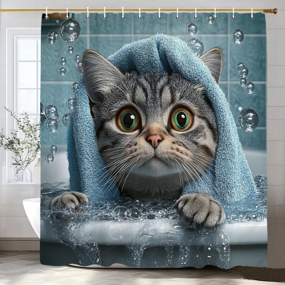 Funny Shower Curtain Cute Sea Cat Riding Shark Whale Cartoon Animal Creativity Kids Bathroom Decor Polyester Fabric Cloth Hooks