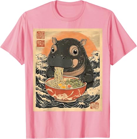 2026 Hot Sale Moo Deng Hippo Eat Ramen for Japanese Style T-Shirt Cute Cartoon Moo Deng Art Graphic Saying Tee Fashion Casual Short Sleeve Tops Gift