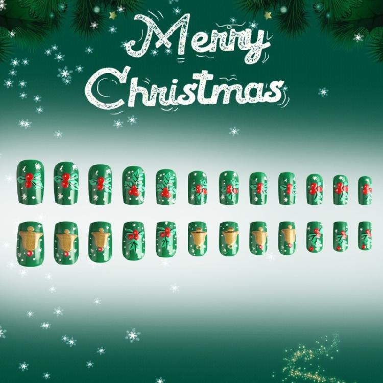 ABS Press On Nail 24PCS Christmas Snowflake Green Bell Design Reusable Artificial Nail For Festive Occasions