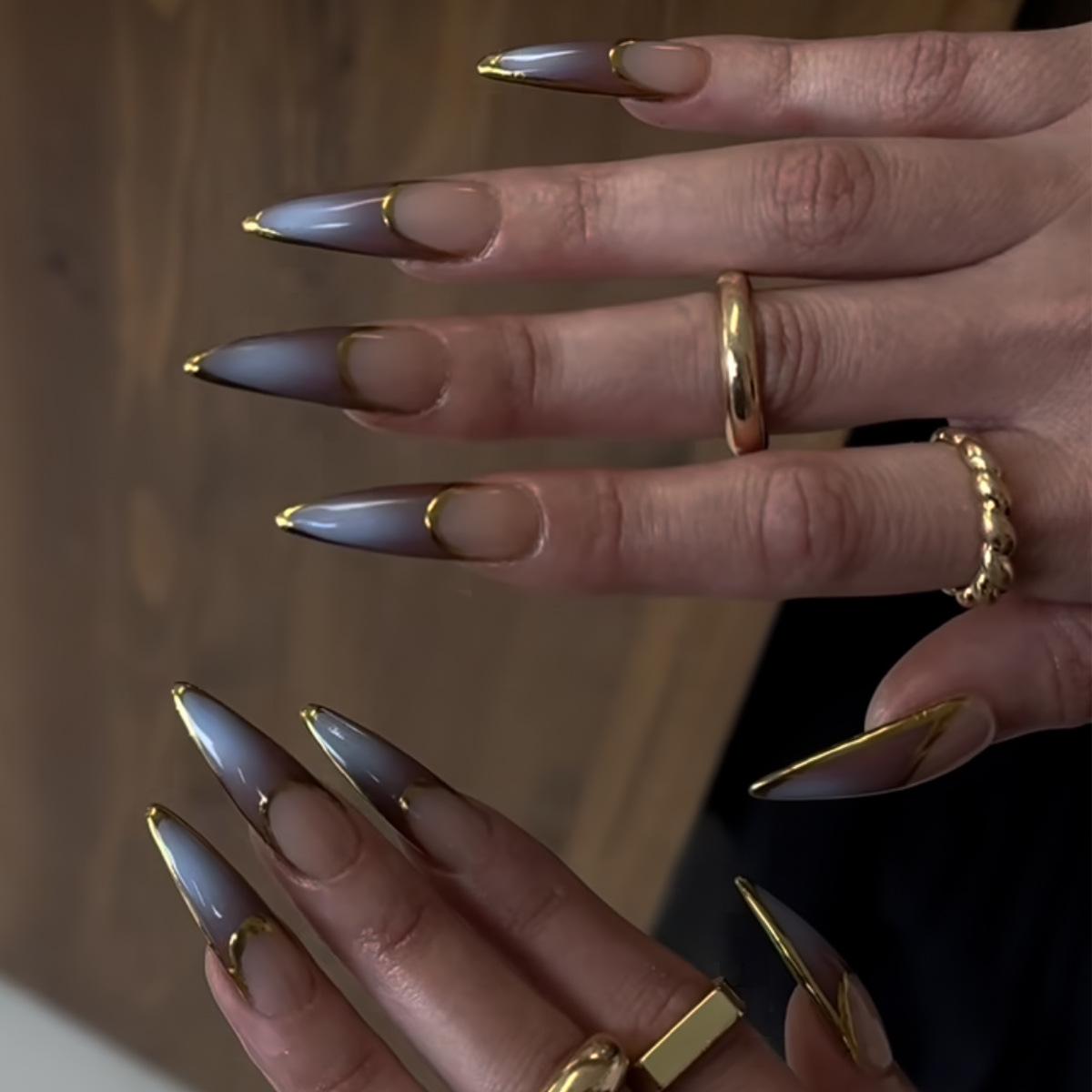 

Gradient Gold Edge French Tip Long Wearable Nail Art - 24 Removable Pieces