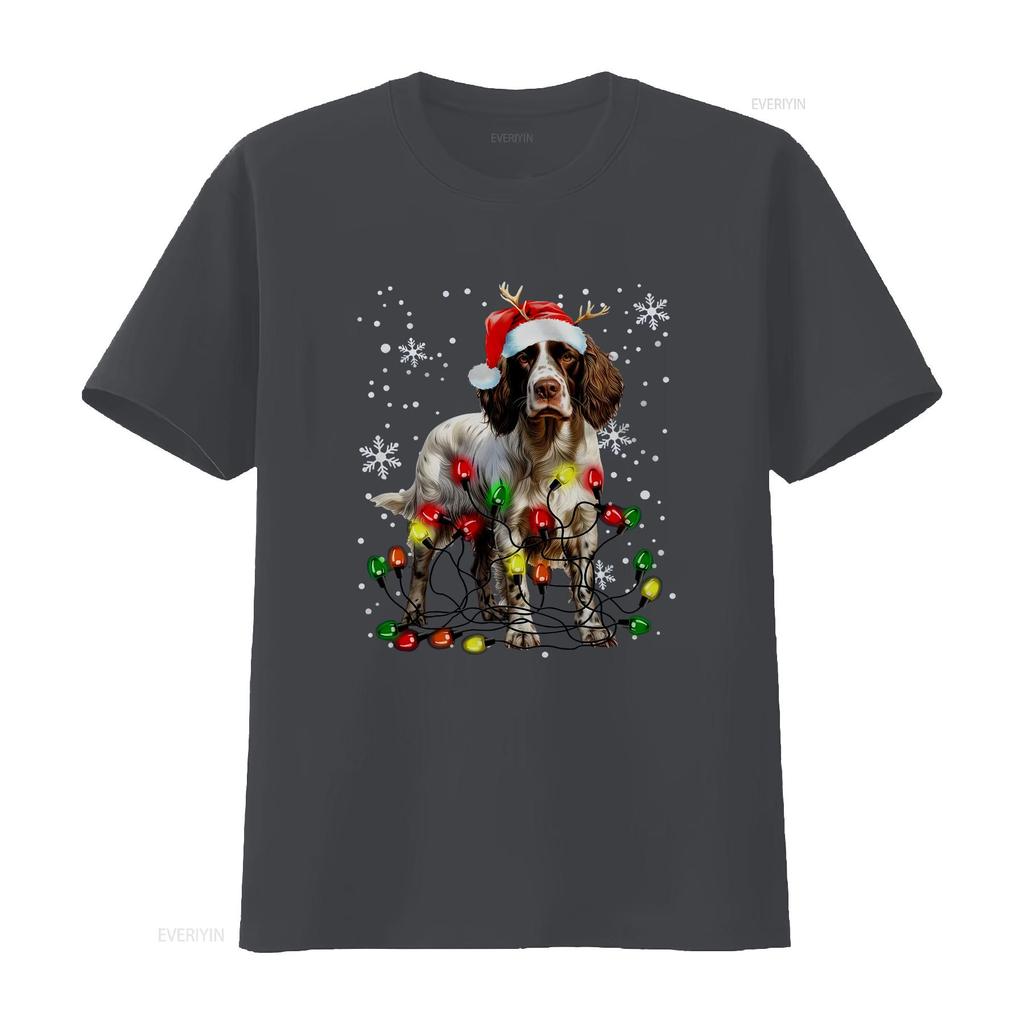 Xmas Lighting Santa English Springer Spaniel Dog Christmas T Shirt Vintage Fashion Stretched Graphic