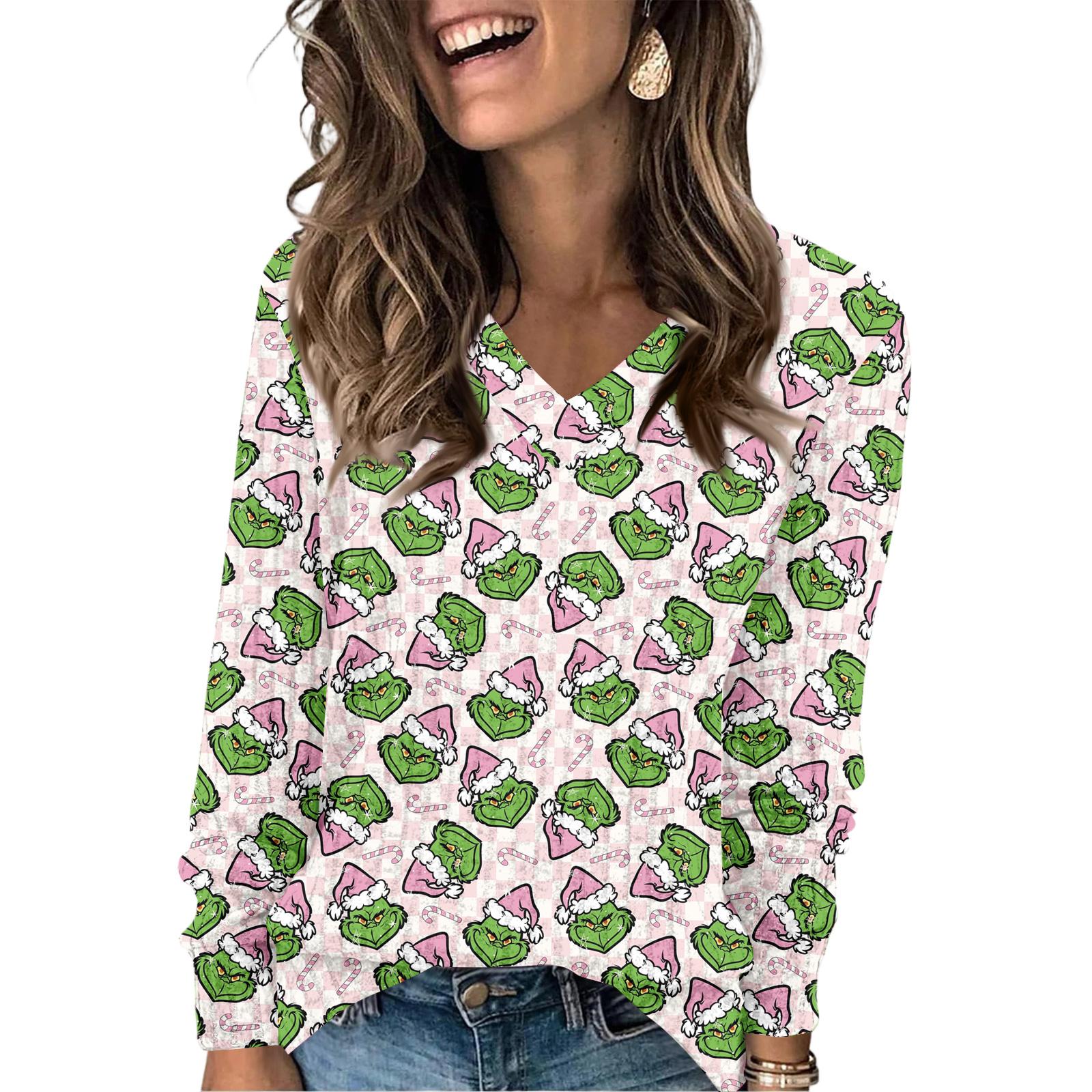 

Women s Fashionable Loose-Fit V-Neck Long-Sleeved T-Shirt Christmas Print Pullover L розовый