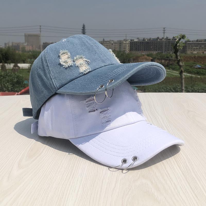 Hoop Baseballkappe Herren und Damen Sommer Einfarbige Zerrissene Denim-Kappe Street Fashion Studenten Sonnenschutz Schirmmütze Klassische Lässige Baseballkappe