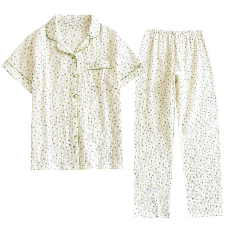 Women's Spring/Summer Short Sleeve Pajama Set - Crepe Cotton, Long Pants, Thin Air Conditioning Suit