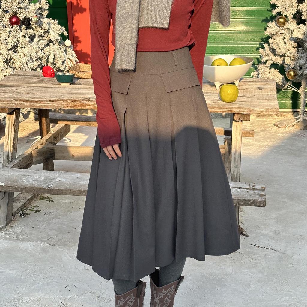 High-Waisted Pleated Wool-Blend Midi Skirt for Women - Autumn/Winter, Slimming A-line with Pressed Pleats and High-Quality Texture