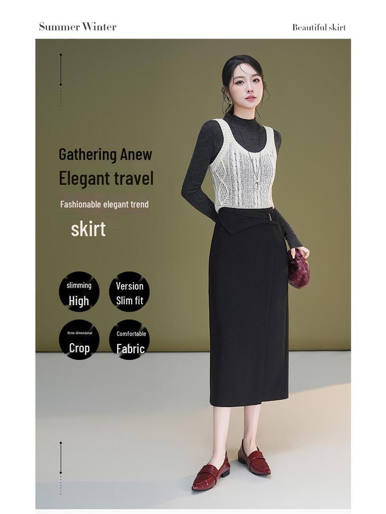 Women's High-Waisted Slit Pencil Skirt - Autumn Slim Fit Fashionable Drape Style