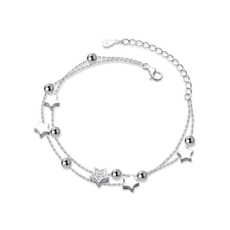 925 Sterling Silver Double Layer Zircon Star Round Bead Charm  for Women Elegant Jewelry Pulseras Sl220