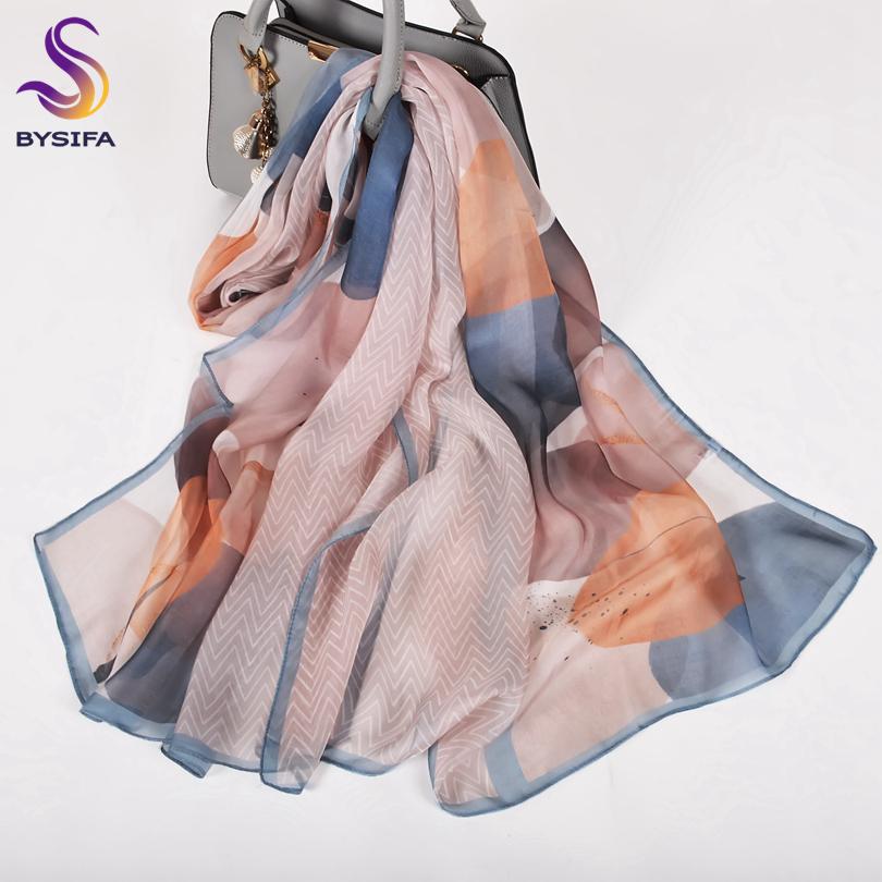 [BYSIFA] Bean Green 100% Silk Chiffon Hijab Scarf Ladies Brand Long Scarf Beach Shawls Autunm Winter Women Floral Design Scarves