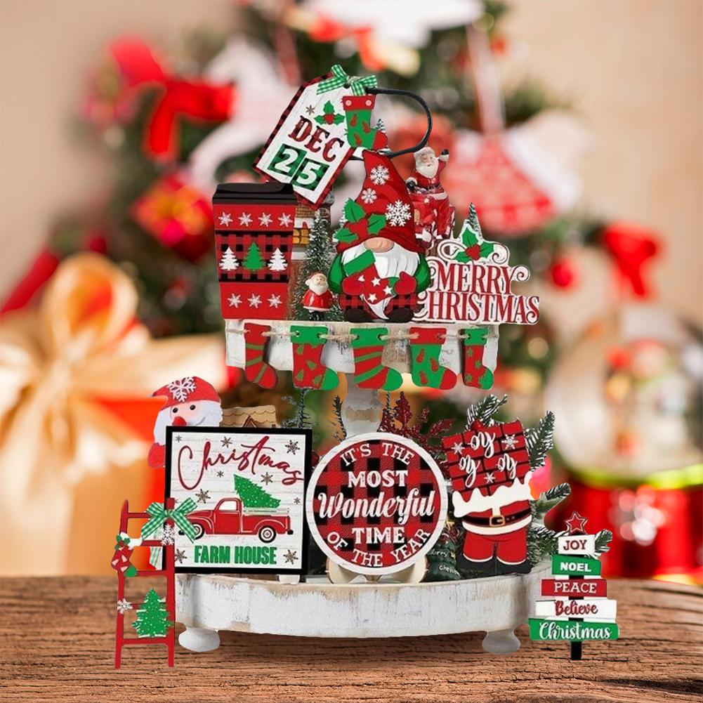 14Pcs Christmas Tiered Tray Decor Wear Resist Xmas Tree Wooden Signs Tiered Tray Centerpieces Decoration for Home Table Shelf