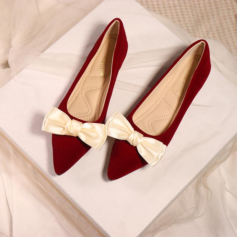 Fashion elegant ladies bowknot silk wedding shoes woman suede leather ballet flats pointy slip on loafers women bow moccasins big size43