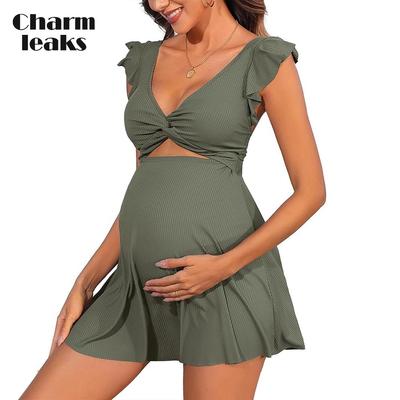 Ruffle Ribbed Maternity Swimsuit One Piece Cutout Pregnancy Bathing Suits Push Up Twisted Swimwear Swim Dress