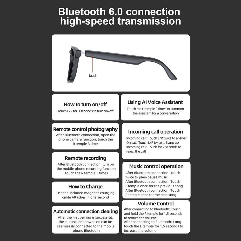 Wireless AI Translator Smart Glasses Smart AI Glasses Listening To Music