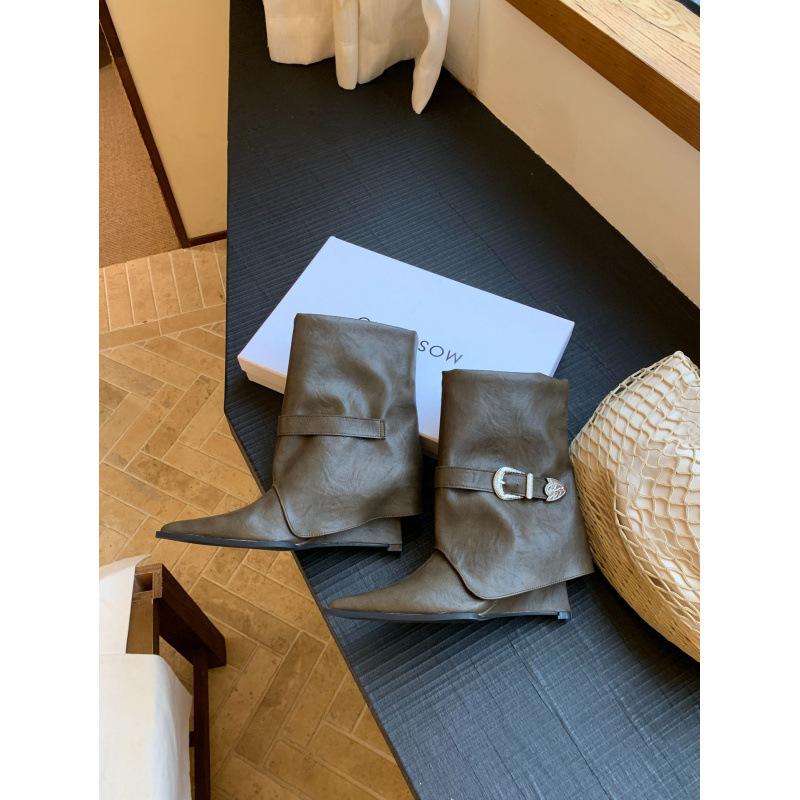 Retro Buckle Wedge Short Boots 2025 New Maillard Pointed Western Boots Thin Thick Heel Knight Boots