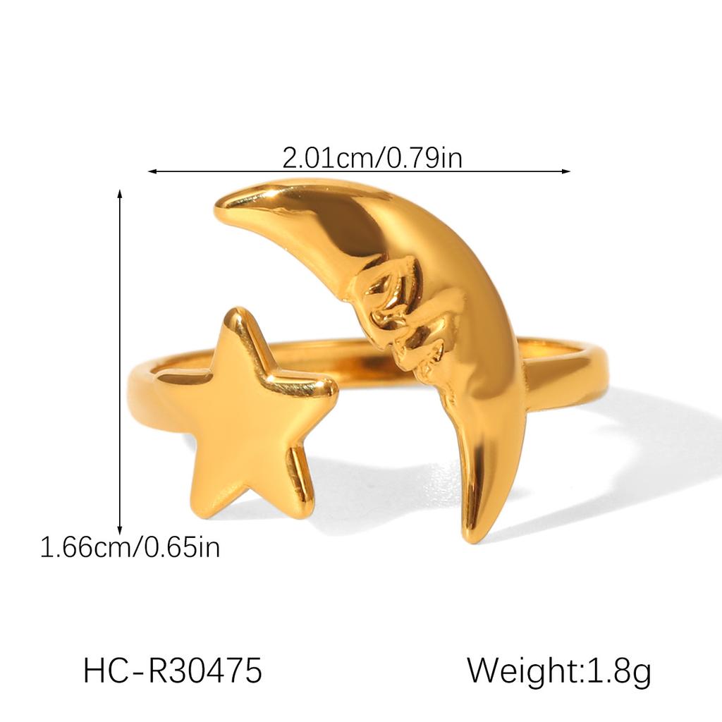 18K Gold Stainless Steel Star and Moon Open Ring, Stylish Color-block Adjustable Ring for Women
