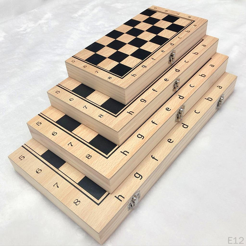 Folding Wooden Chess Backgammon Set with Storage Case Round Pieces